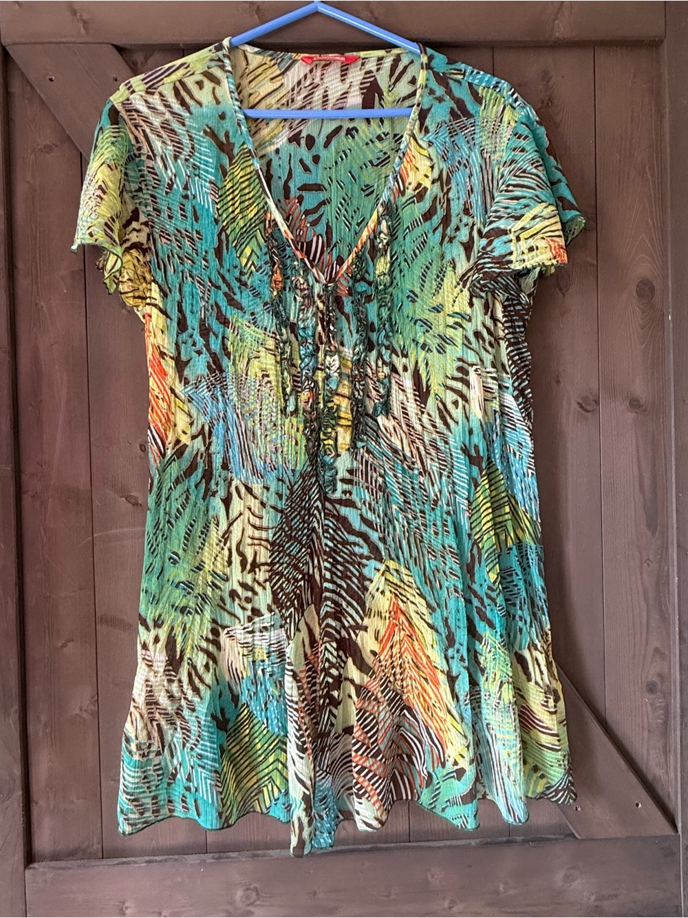 Tropical V-Neck Short Sleeve Tunic - Green Multi